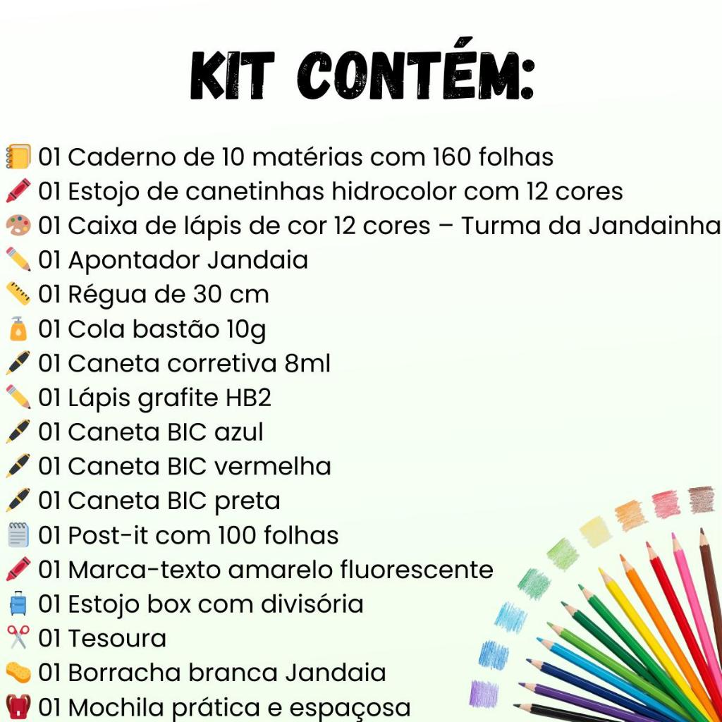 Kit Completo 51 Itens Material Escolar Voltas Aulas 2026 Feminino e Masculino Com Mochila Premium