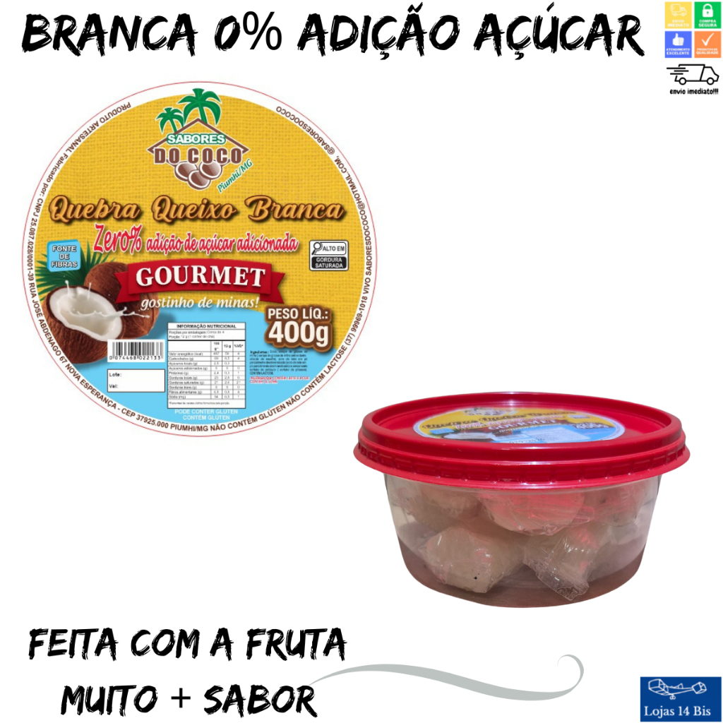 Quebra Queixo Cocada Branca Gourmet Zero Adição de Açúcares 400g Sabores do Coco em Oferta na Shopee
