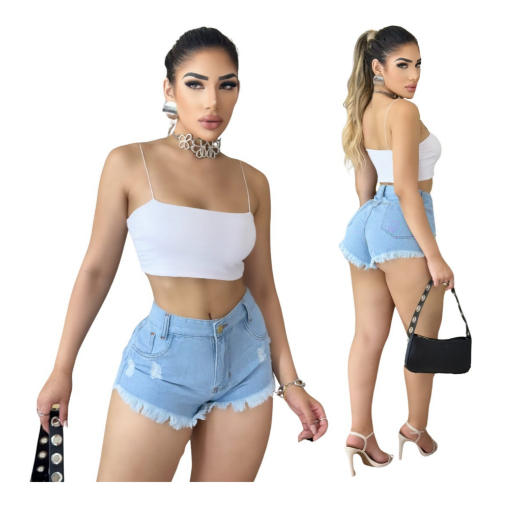Short Jeans Feminino Cintura Alta Barra Desfiada Sem Lycra Blogueira