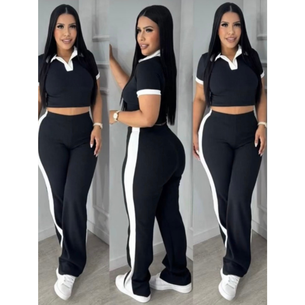 Conjunto Feminino Duas Peças Com Blusa Estilo Polo e Calça Com Listra Lateral
