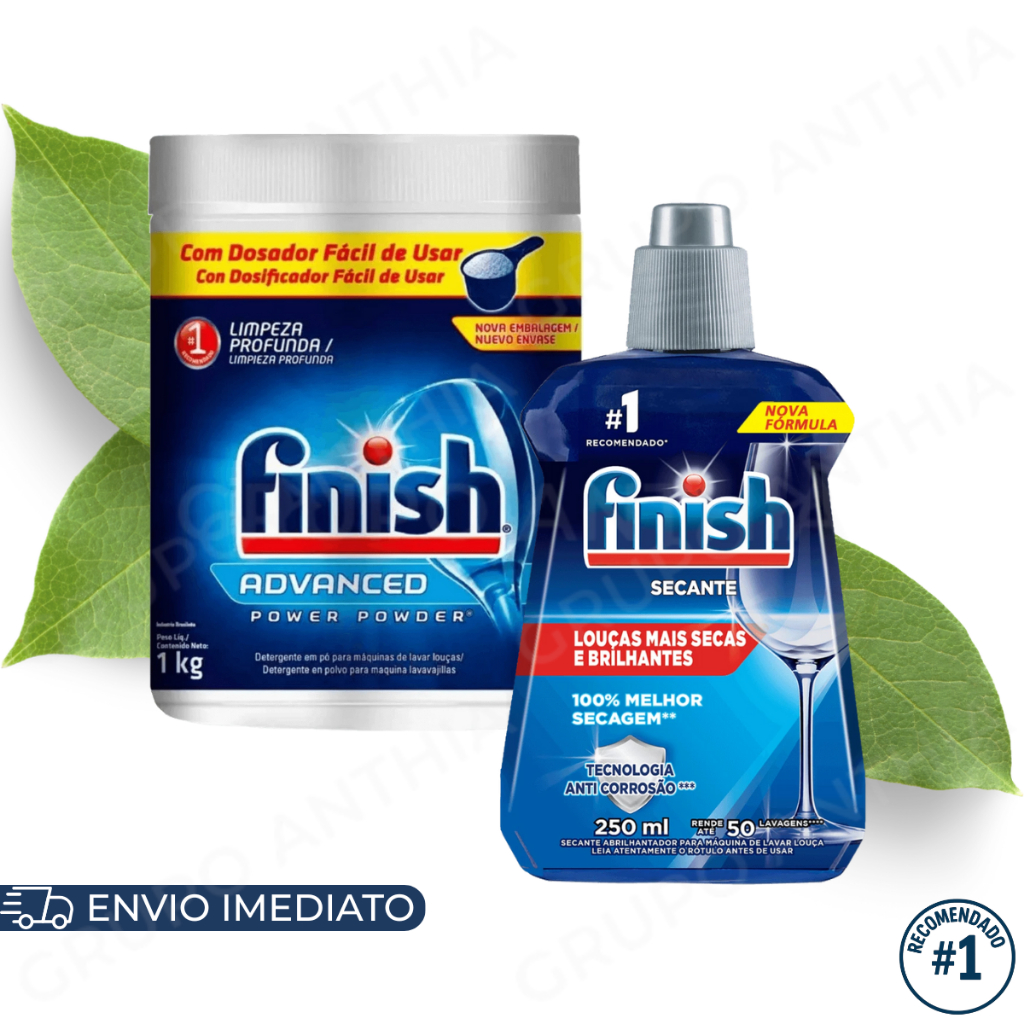 Finish Detergente em Pó 450g/1kg e Secante 250ml para Lava Louças Original Limpeza e Secagem