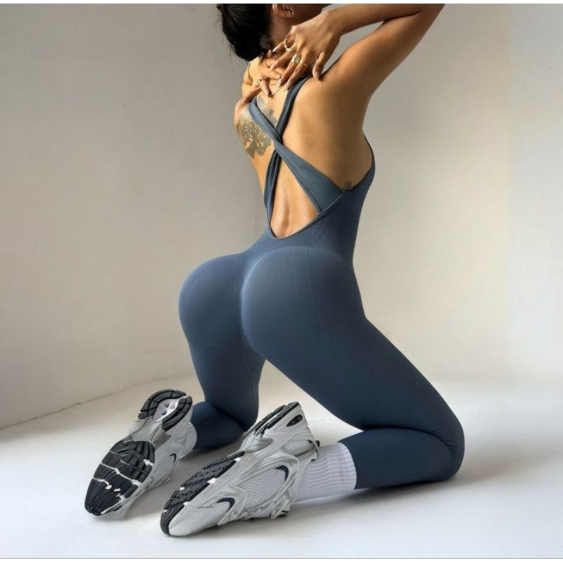 Macacão Longo Canelado Feminino com Bojo Removível Academia Fitness Zero Transparência Malha Premium2390