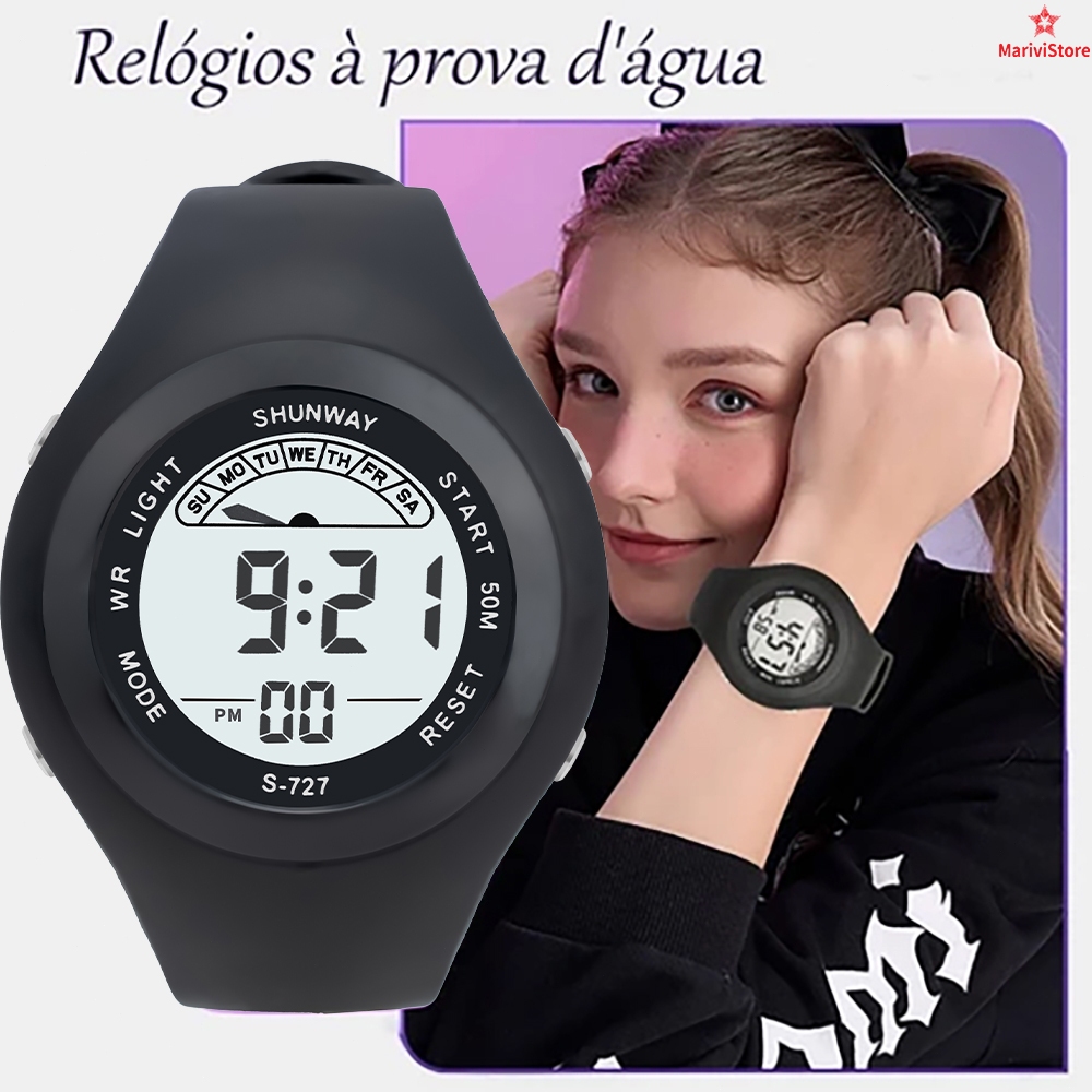 Relógio Feminino Digital  À Prova D'Água LED Com Despertador Cronômetro Esportivo Redondo Original