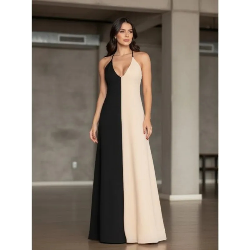 Vestido Longo Liso Feminina Bicolor com forrto Casual Tecido Duna