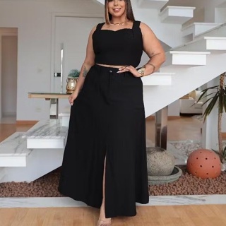 Conjunto Plus Size Feminino– Cropped Elástico nas Costas e Saia Longa com Fenda e Bolsos funcionais em Oferta na Shopee