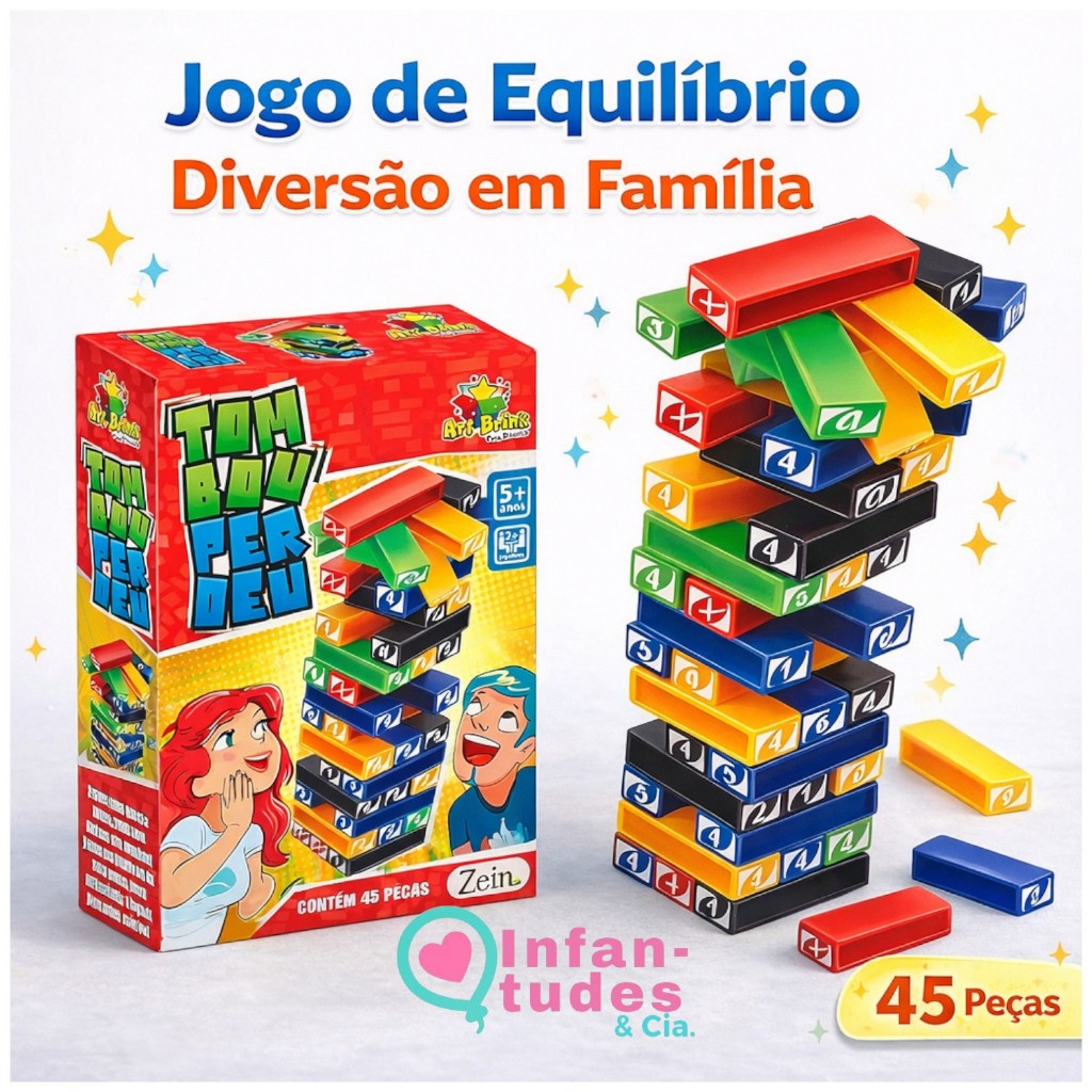 Jogo de Equilíbrio Caiu perdeu Tombou Perdeu 45 Peças – Brinquedo Infantil - Torre Uno Stracko