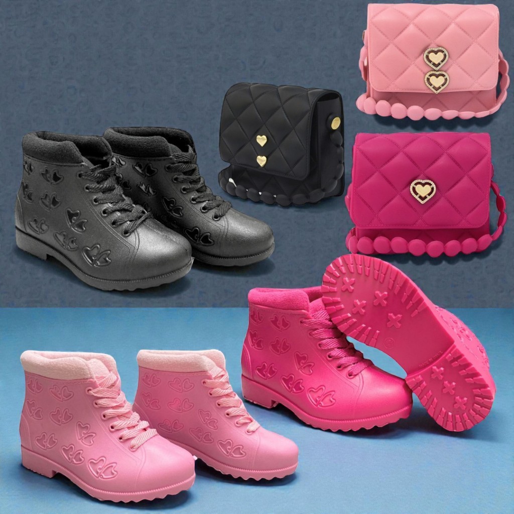 Conjunto Infantil Bota + Bolsinha Coração Feminino | Material Confortável E Impermeável OffMi