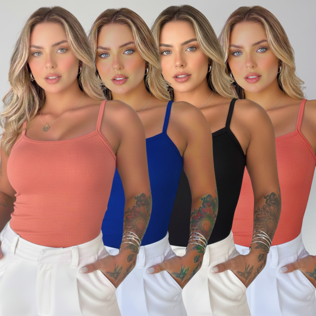 Kit 4 Regata Feminina Canelada Malha Premium Justinha Look Blogueira Top Canelado