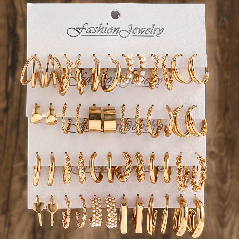 Conjunto De Brincos De Argola Vintage Femininos , 48 Peças ,  A Ouro ou Prata De Joias De Metal