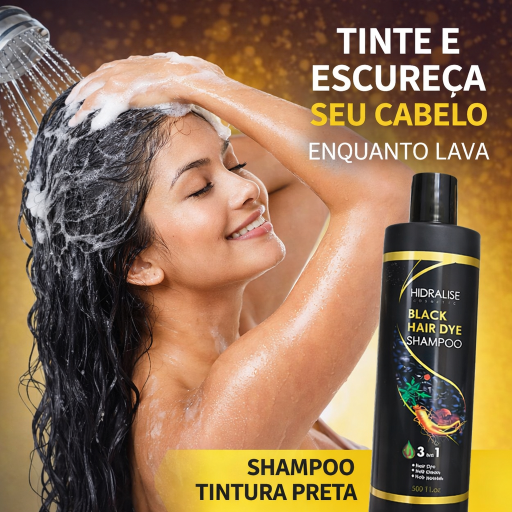 Shampoo Escurecedor de Cabelos Tonalizante Preto 3 em 1 Black Hair Dye 500ml Hidralise