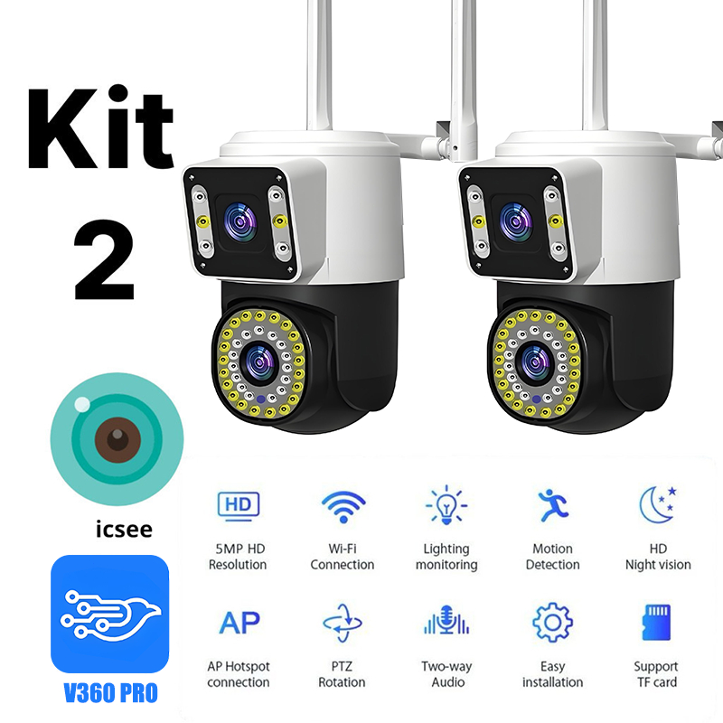 Kit 2 Câmera Segurança WiFI IP 2 Lentes Visão Noturna Microfone a Prova D'água gira 360 App V360