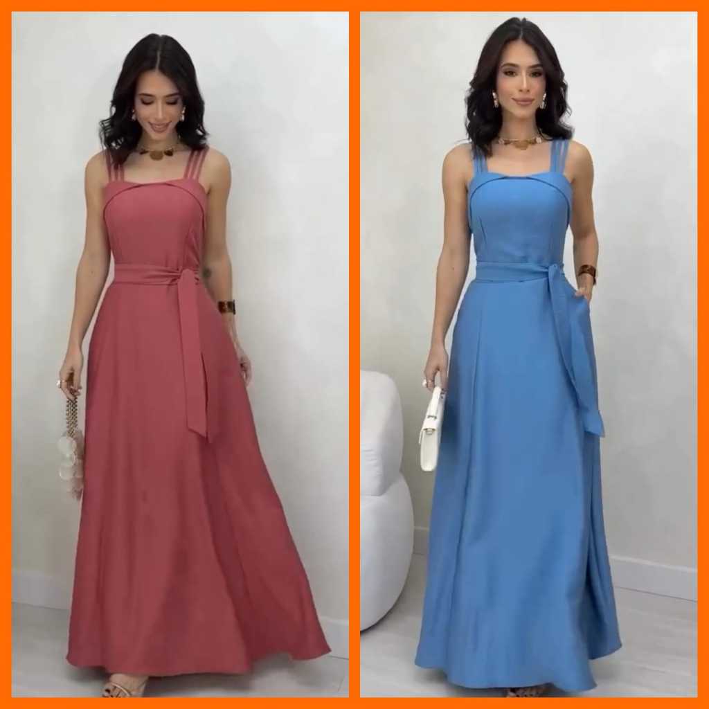 Vestido longo alça triplo possui bojo , bolso e elástico nas costas com cinto.               (B0011) em Oferta na Shopee