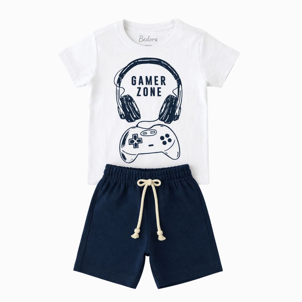 Conjunto Infantil Menino Game Zone Camiseta Algodão + Bermuda Moletinho Masculino