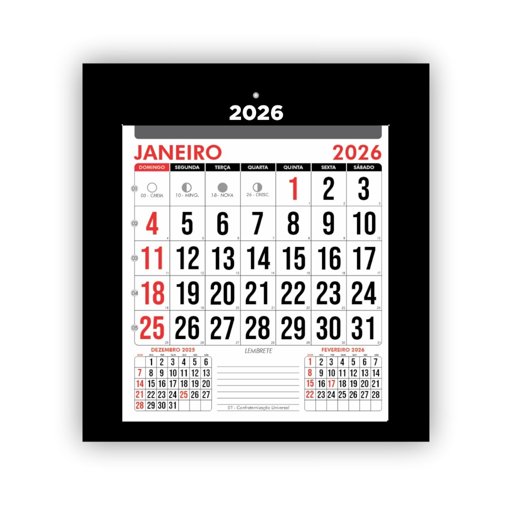Folhinha 2026 Calendário Parede Sem Propaganda Cartela Pequena com Bloco Mensal 12 Meses Feriados Luas Escritório Casa