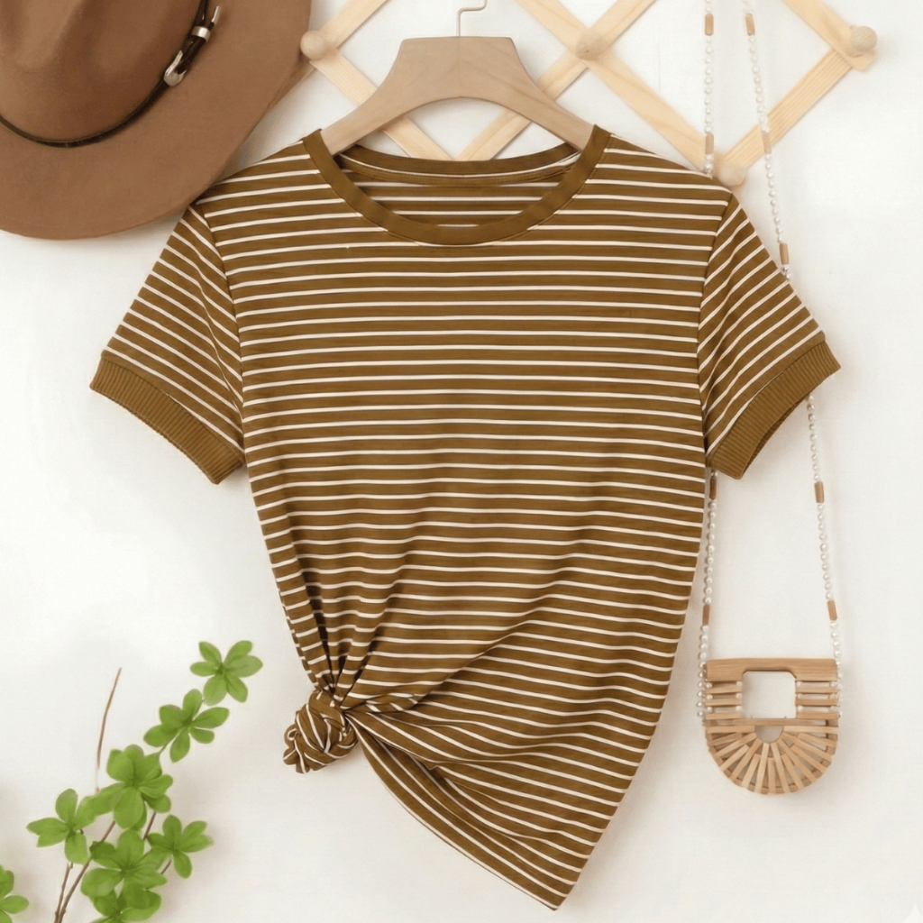 T-shirt Feminina Básica Casual Blusa Manga Curta Listrada P ao GG Camiseta Gola Reforçada Confort em Oferta na Shopee