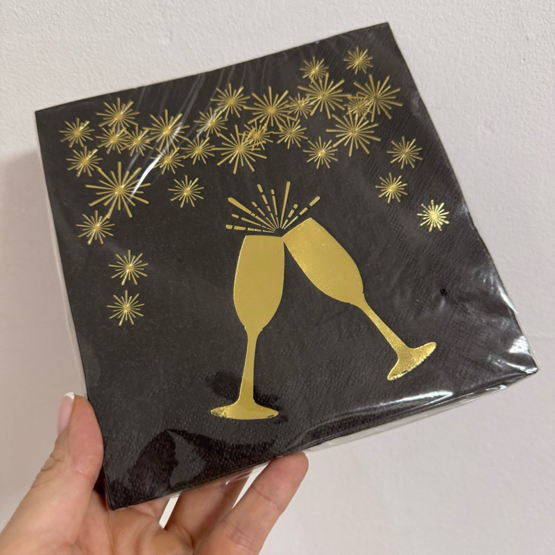 Guardanapo de Papel Estampado Metalizado Folha Dupla Ano Novo Taça Dourado 32x32 cm Silver Festas
