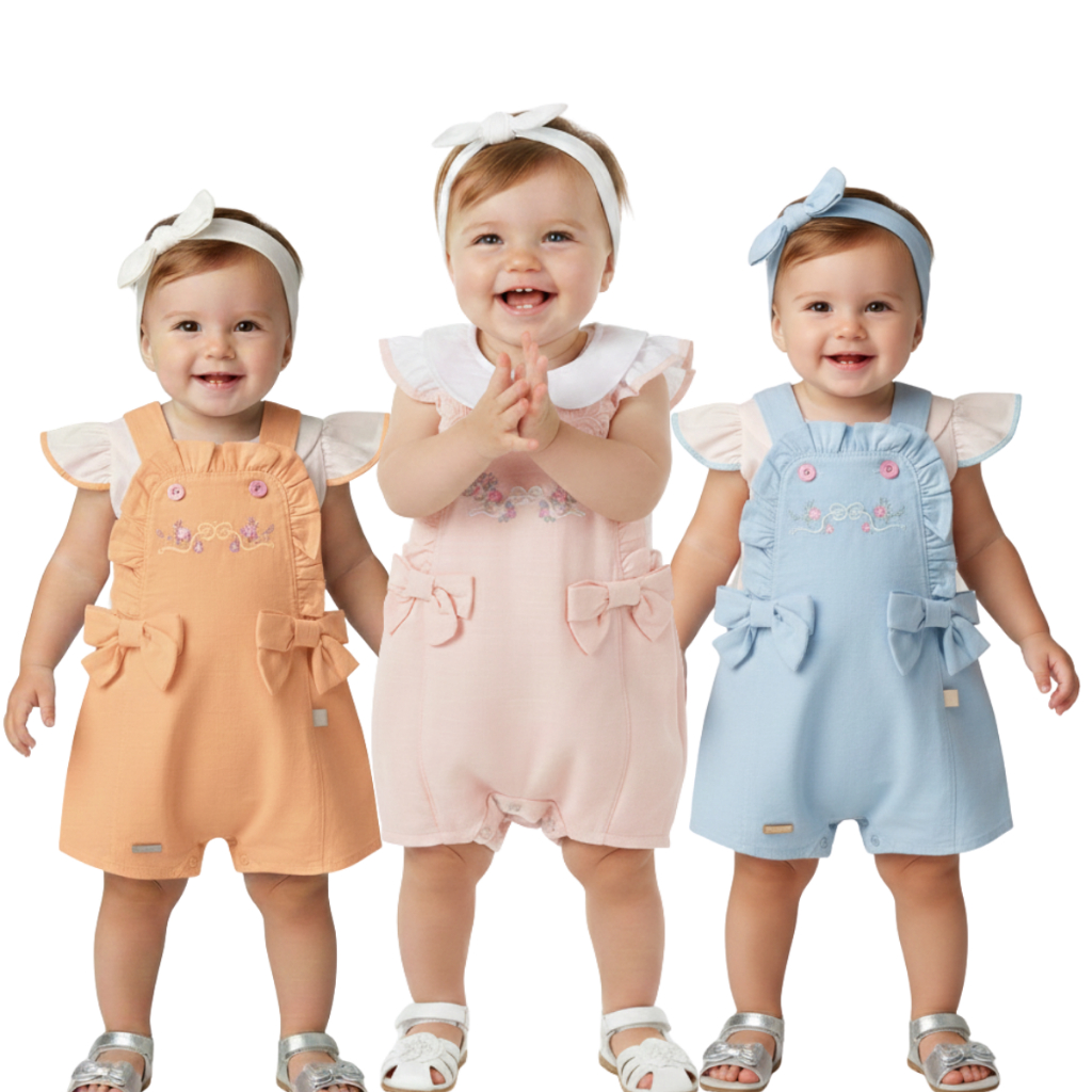 conjunto de jardineira com laços + blusinha conjunto para meninas charmoso e confortável jardineira para bebe