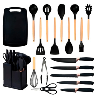 Kit Conjunto De 19 Peças Utensílios Cozinha Silicone Tabua Cor Preto em Oferta na Shopee