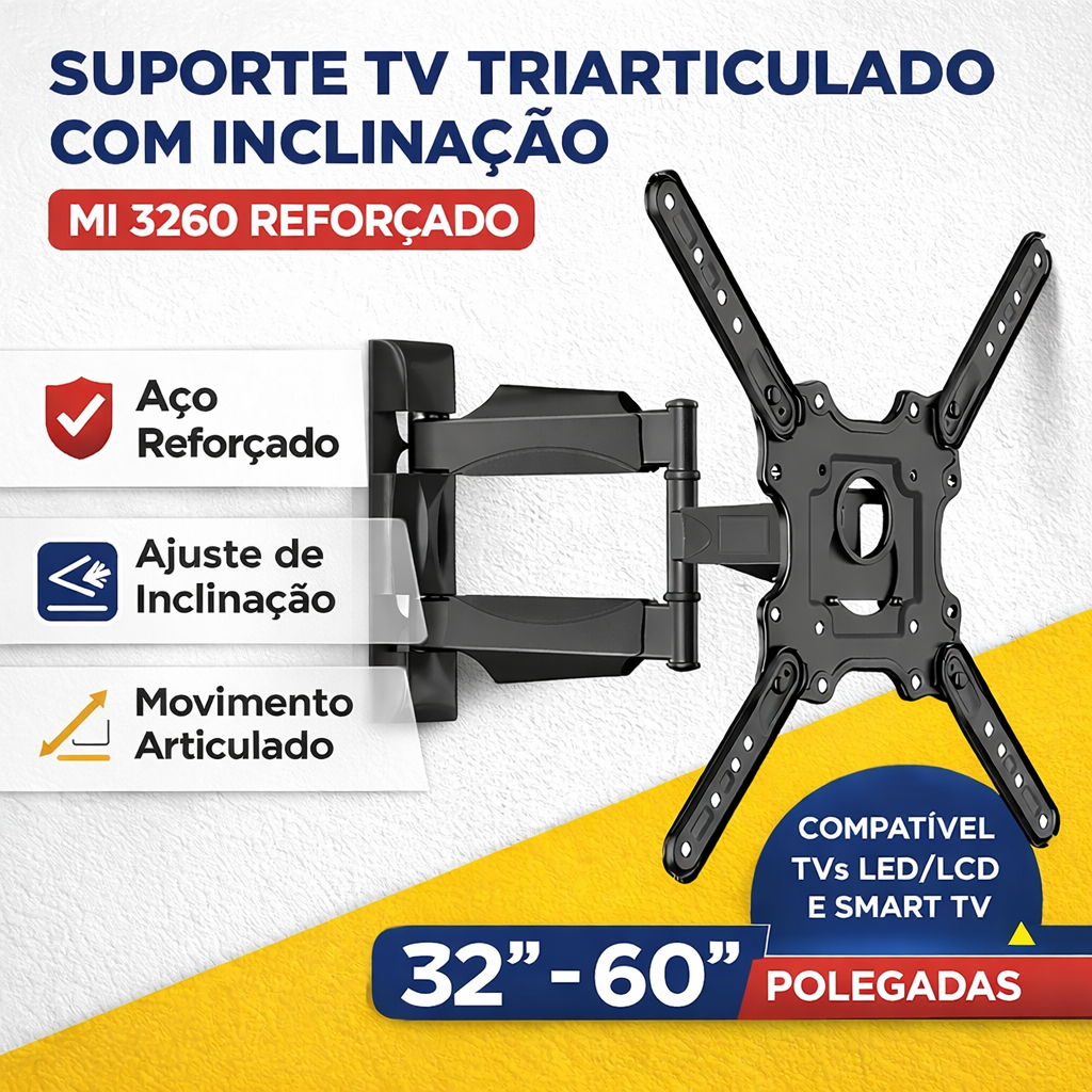 Suporte para TV LED LCD UNIVERSAL Tri Articulado com Inclinação Tela Grande 32 até 60 polegadas