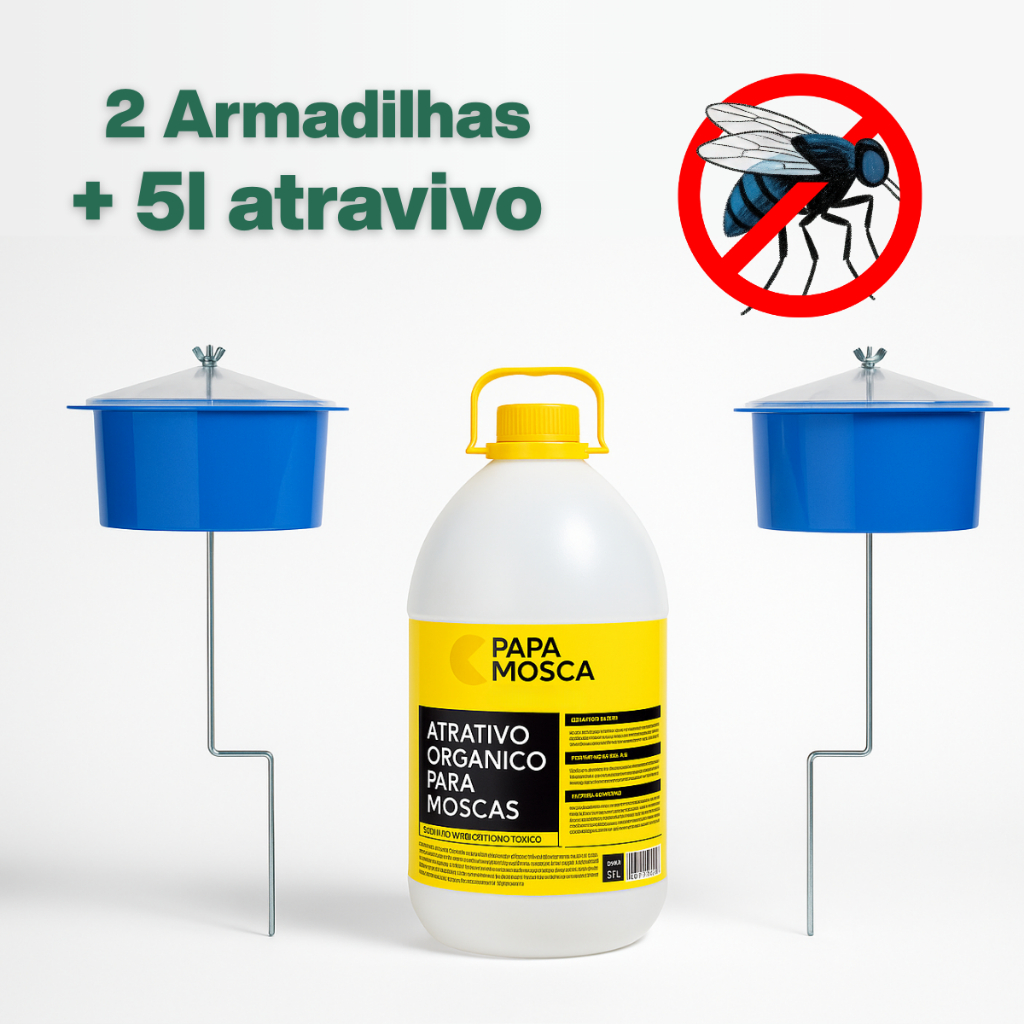 Pega Mosca 2 Armadilhas Biológicas + 5 Litros Atrativos - Papa Mosca