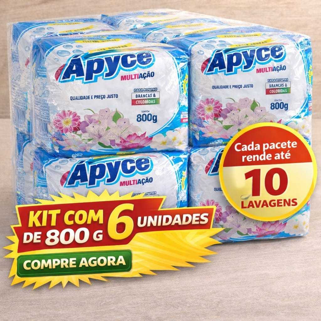 Kit 6 Pacotes Sabão em pó APYCE 800g PROMOÇÃO Lava Roupas Alto Rendimento