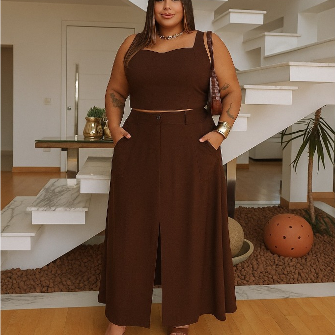 Conjunto Plus Size:Tendencia Saia Longa com Abertura e Cropped com Elástico elegante e moderno é versatil em Oferta na Shopee