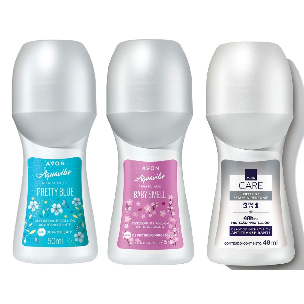 Avon Care - Desodorante Roll-on S/Perfume, Baby Smell, Pretty Blue 48ml - Kit Com 3 Sem Perfume