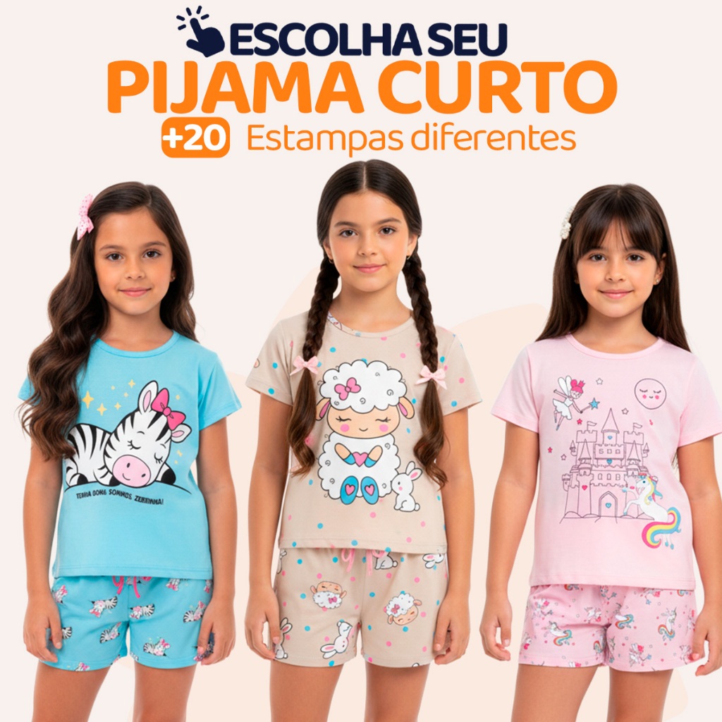Pijama Infantil Menina Manga Curta Fresco com Estampas Fofas e Conforto Roupa Infantil Feminino Verão Calor. L06