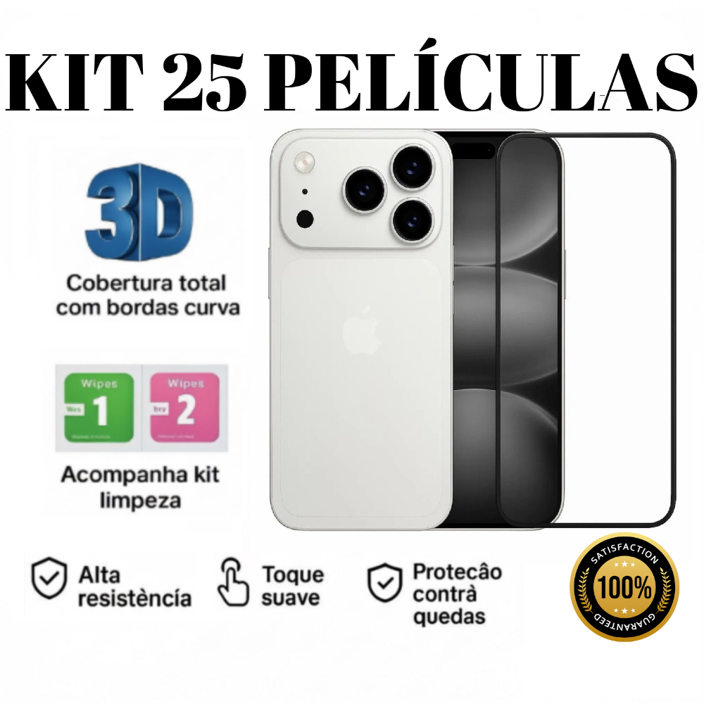 Kit 25 Pelicula de Vidro Temperado 3D Películas Iphone XR 11 12 13 14 15 16 e 17 Air Pro Plus Max