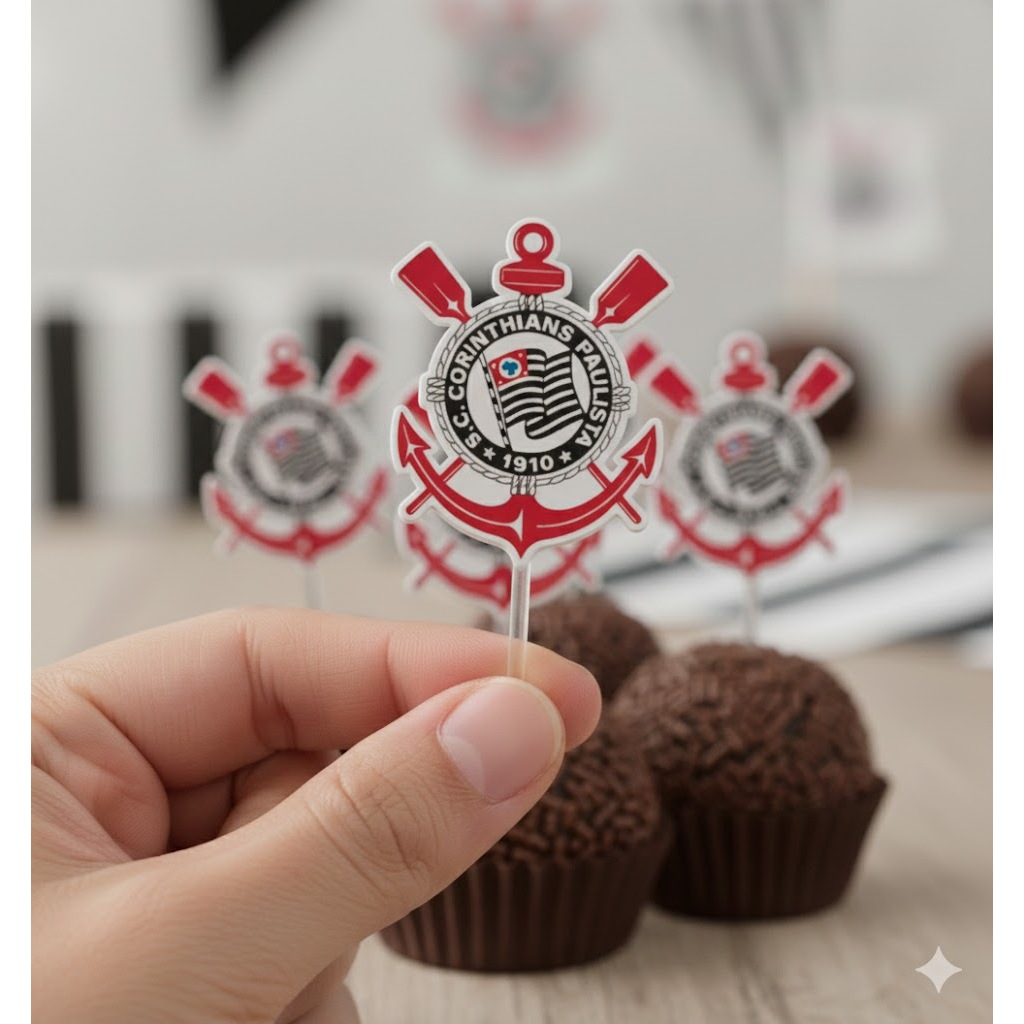 100 Tags/Topo para Doces/docinho Corinthians de 3 cm com o palito de acrilico.(não vai com nome e nem a idade)