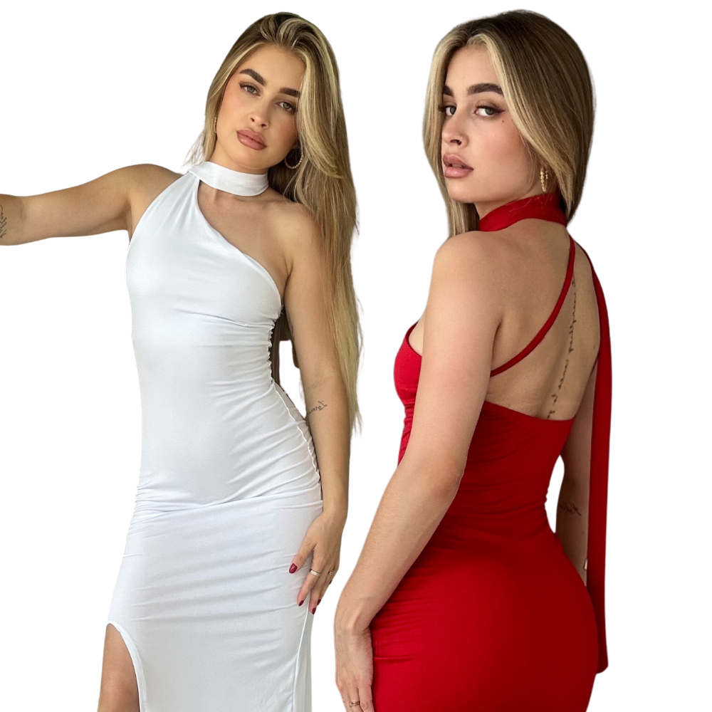 Vestido Feminino Longo Um Ombro Só Fenda Lateral Gola Alta Suplex Premium
