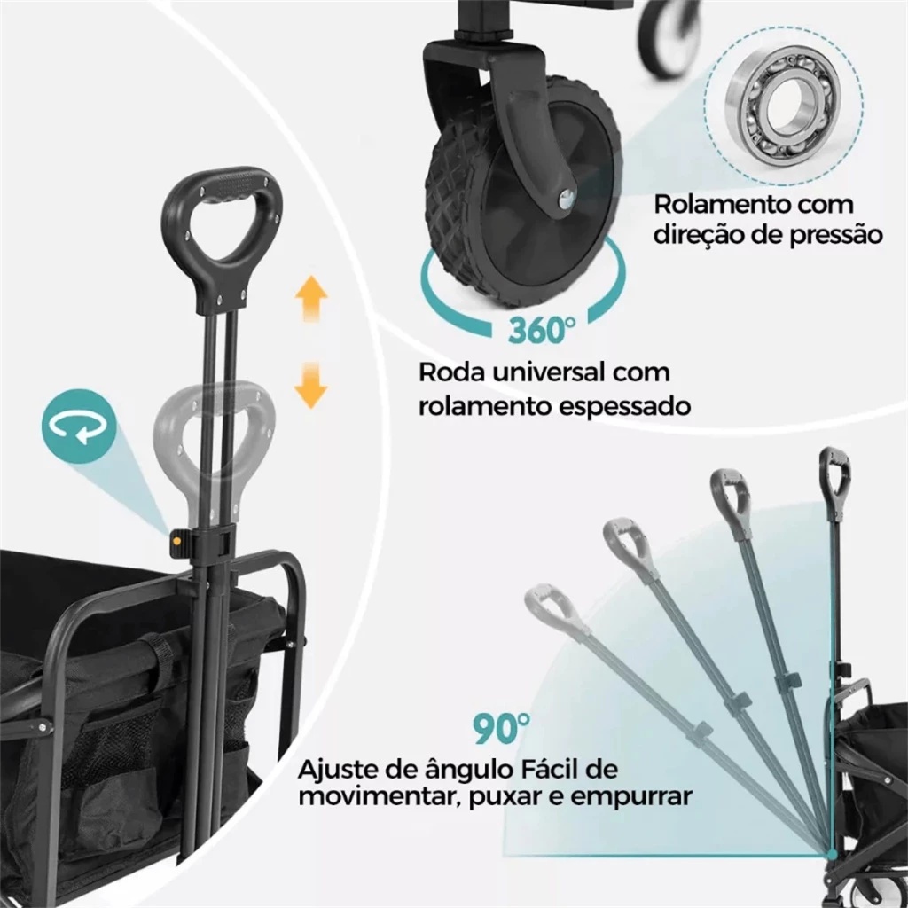 Carrinho Multiuso Dobrável Portátil Preto Para Carga Camping Pesca Compras