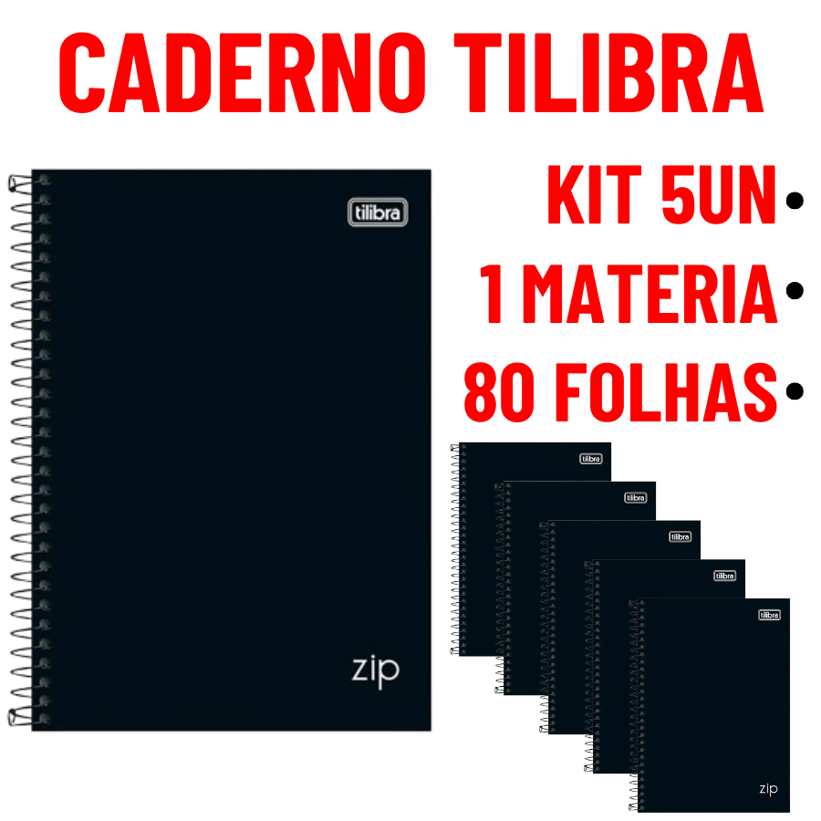 KIT 5 Cadernos Zip Tilibra 20x27,5cm Com Pauta 80 Folhas Universitario Capa Dura Preto 1 Materia em Oferta na Shopee