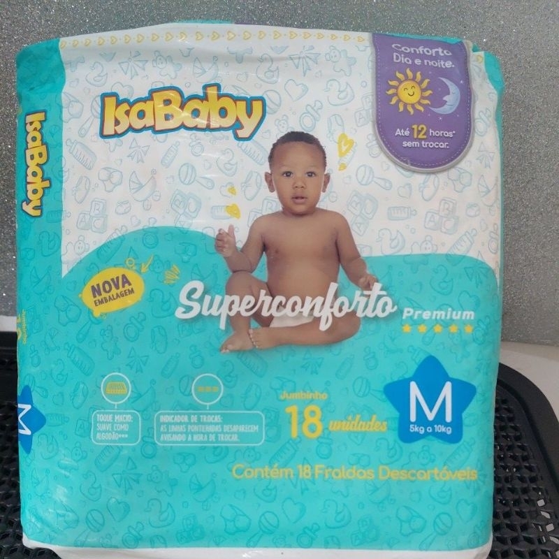 Pcte de fralda descartáveis isababy premiam jumbinho M c 18 unidades