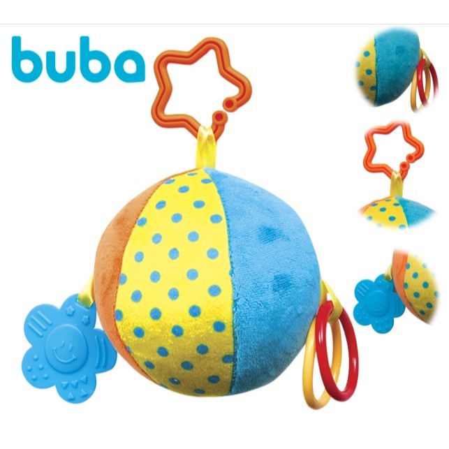BOLA PLUSH COM MORDEDOR PARA BEBÊS BUBA PELÚCIA AZUL LARANJA E AMARELA em Oferta na Shopee