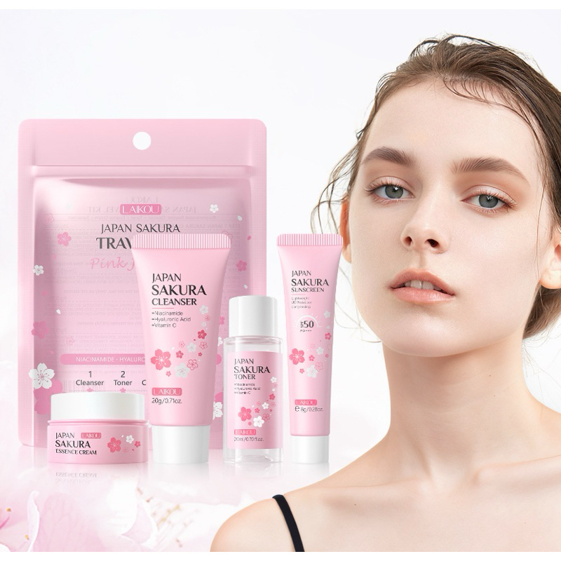 LAIKOU Japan Sakura Skincare Set Skin Tone Reparador Hidratante 4 unidades