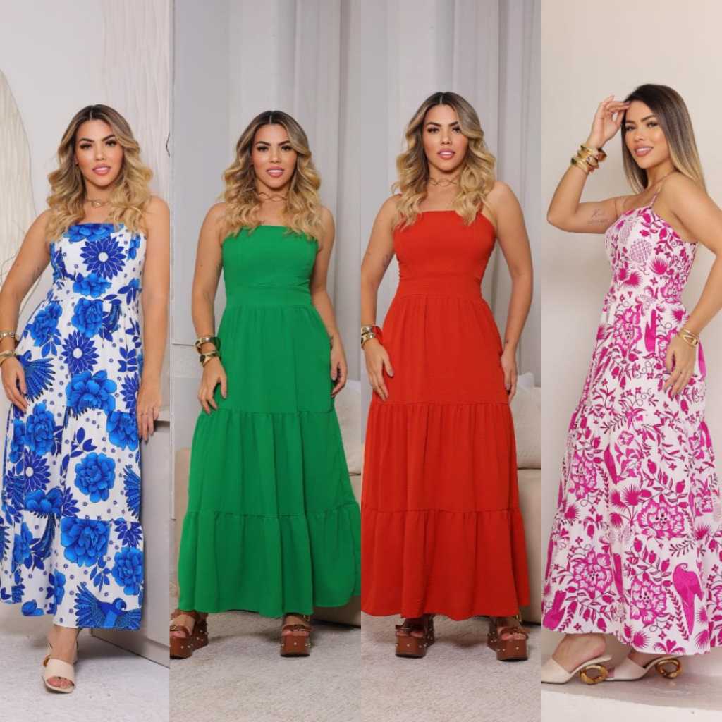 Vestido longo feminino com lastex nas costas, estampado e liso. em Oferta na Shopee