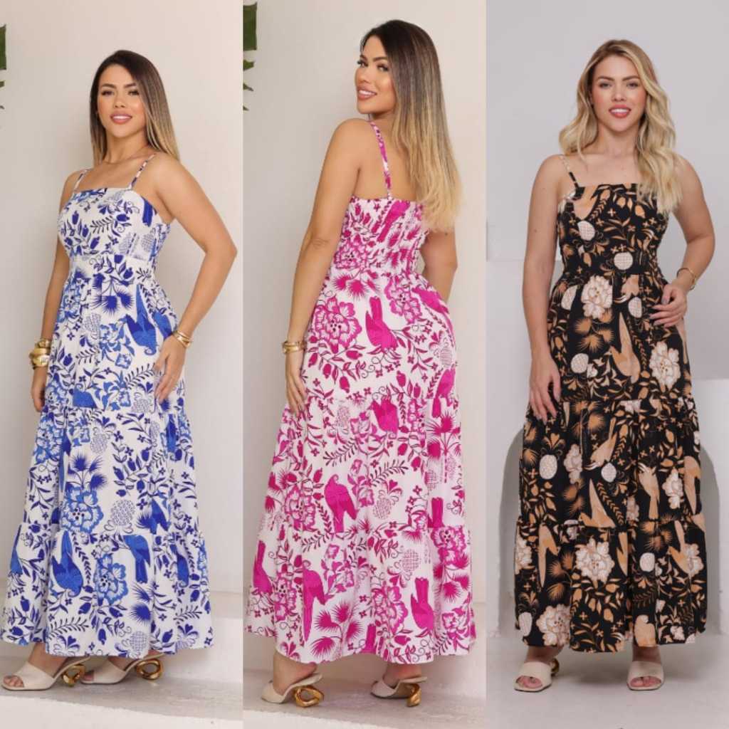 Vestido Longo Feminino Estampado Com Bolho Alça Regulável Com LASTEX nas Costas em Oferta na Shopee