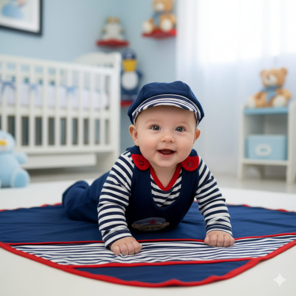 Kit Saída Maternidade Macacão Jardineira Azul Marinho Bebê Menino Ursinho Marinheiro 5 Peças