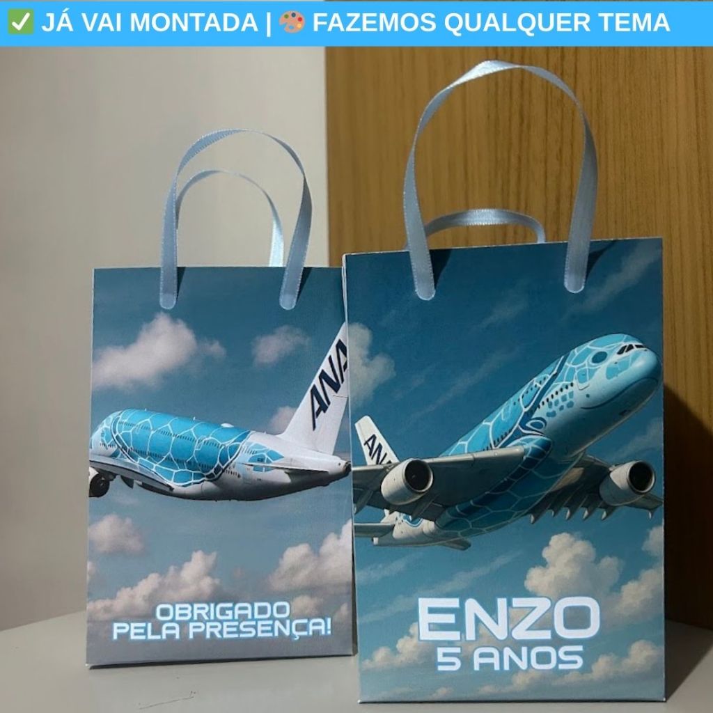 Sacolinha Surpresa Personalizada Avião Tartaruga Ana Azul  Festa Infantil | Lembrancinha Aniversário