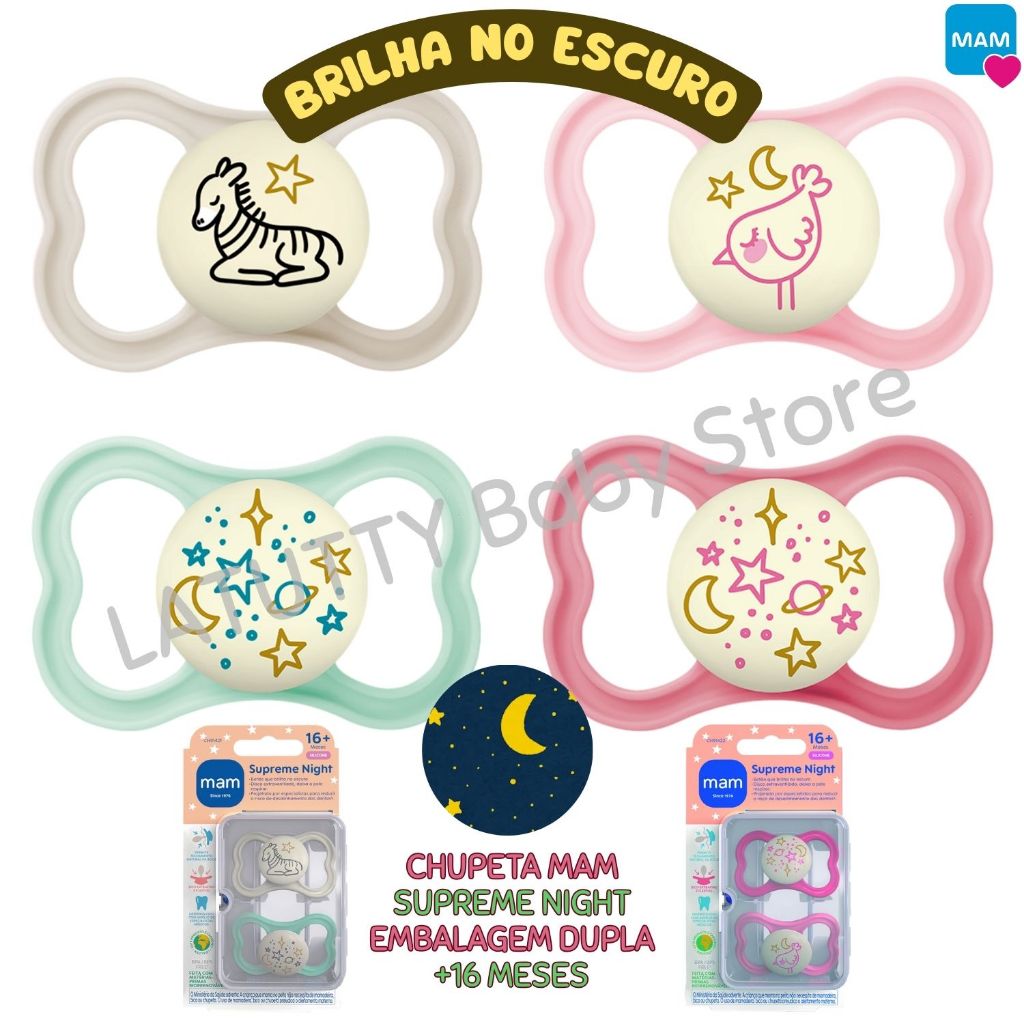 Chupeta MAM Supreme Night +16 Meses Bico Silicone Botão Brilha no Escuro 2 Unidades Original MAM Bebê