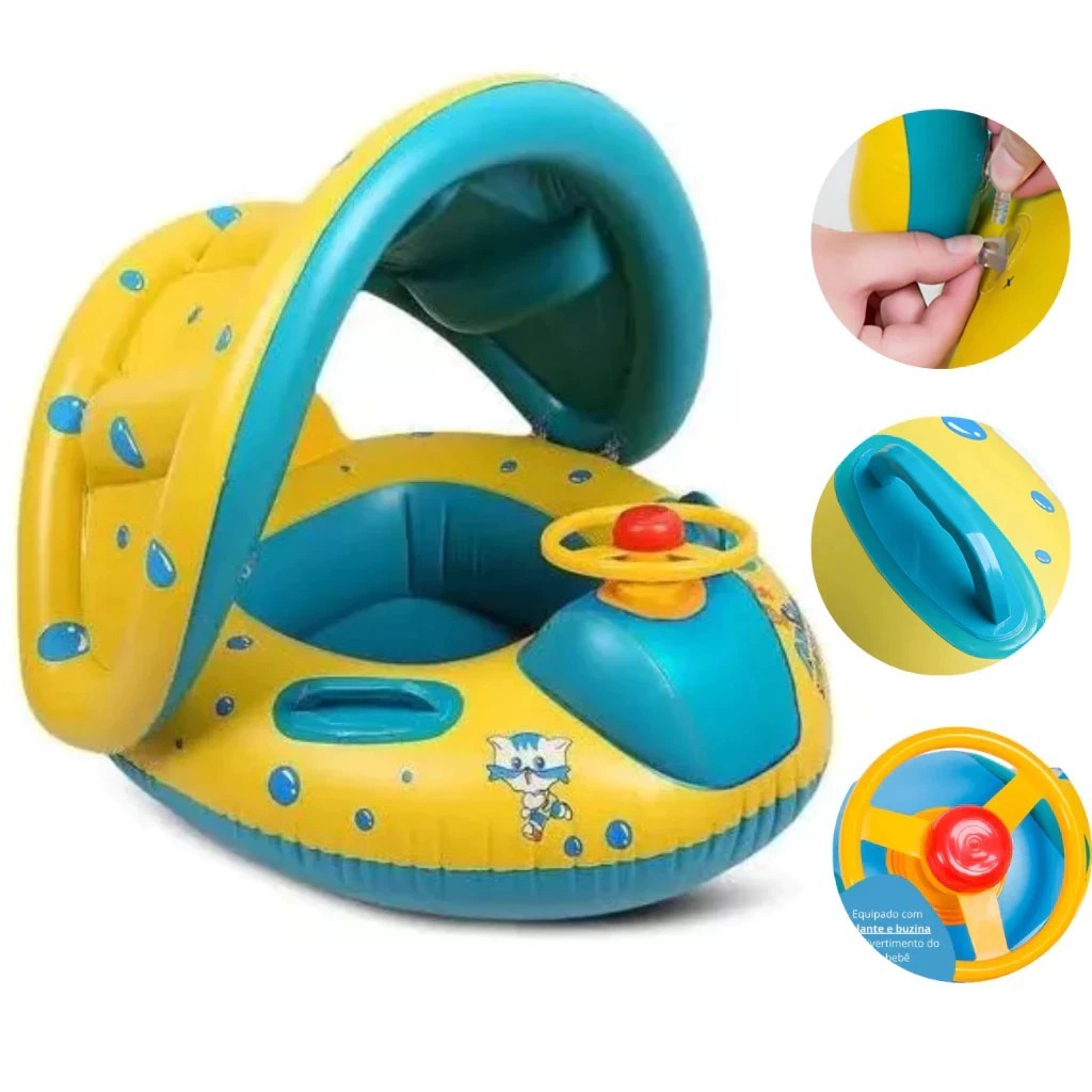 Boia Bote Inflável Para Bebe Infantil Com Cobertura Proteção UV Praia Piscina Clube Natação