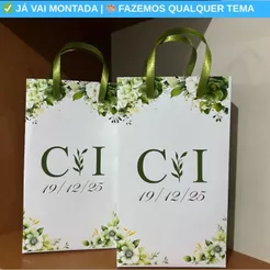 Sacolinha Surpresa Personalizada Casamento Flores Verde Oliva Lembrancinha Chique 17,5x10x4