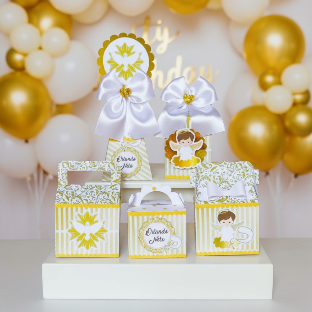Kit Festa Personalizados Batizado Dourado Lembrancinhas Caixinhas para Festa - PEGUE E MONTE