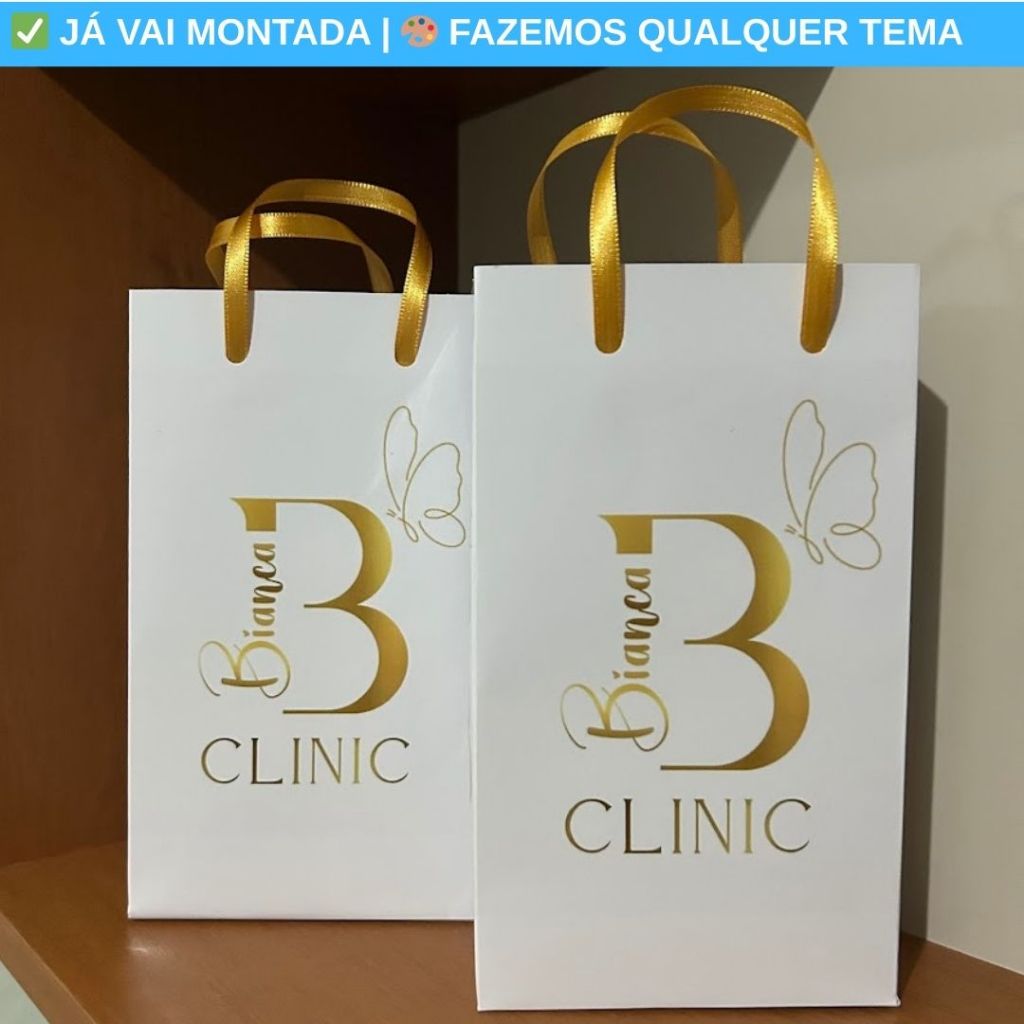 Sacolinha Surpresa Personalizada Clinica Inicial Dourada Lembrancinha Empresarial Cliente 17,5x10x4