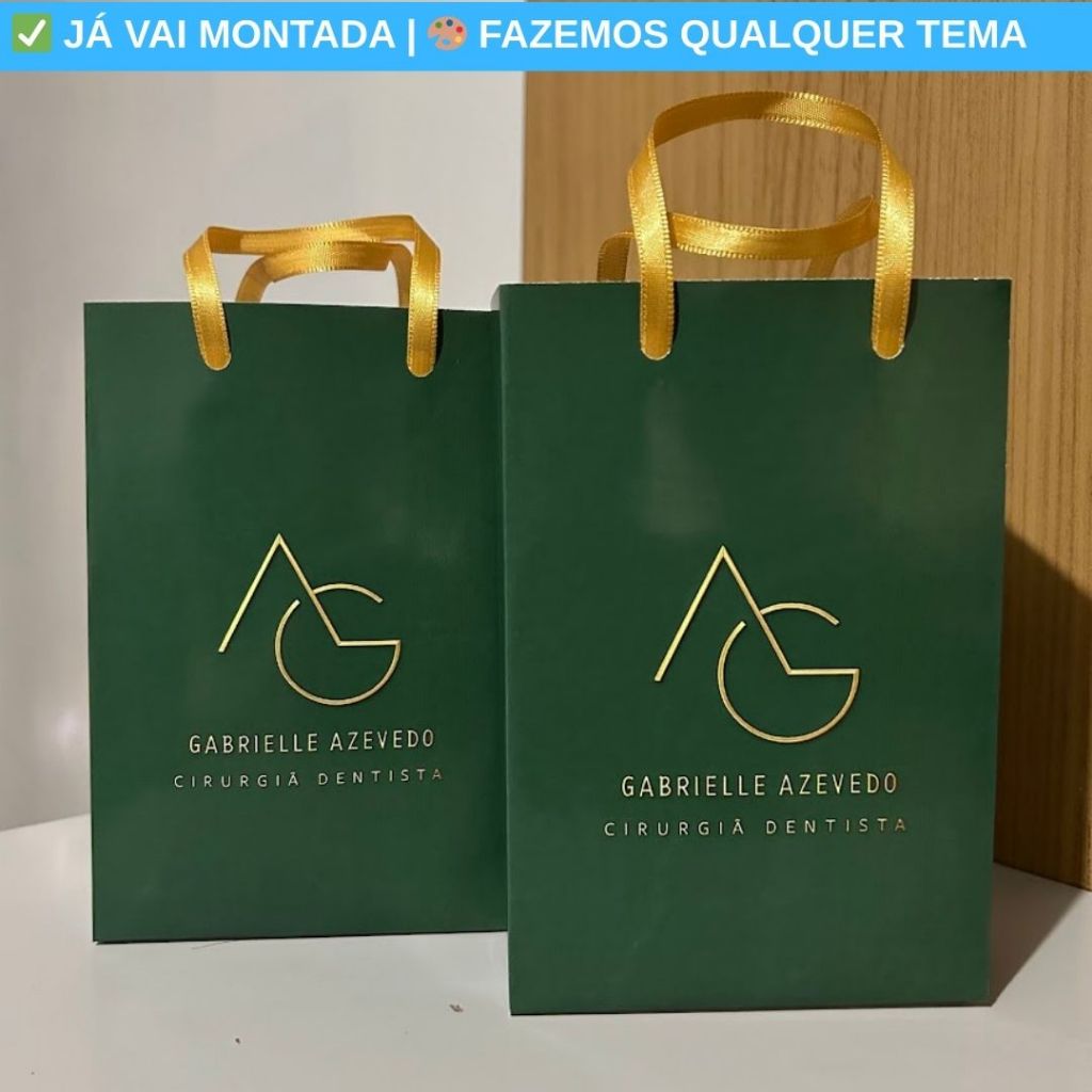 Sacolinha Surpresa Personalizada Cirurgiã Dentista Verde e Dourado Lembrancinha Cliente 17,5x10x4