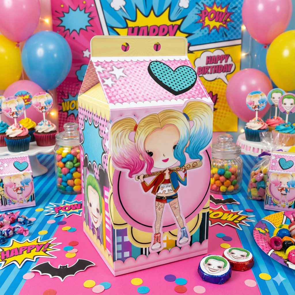 Caixinha Milk Tema arlequina Festa Infantil  Lembrança Para Festa - Pronta Entrega