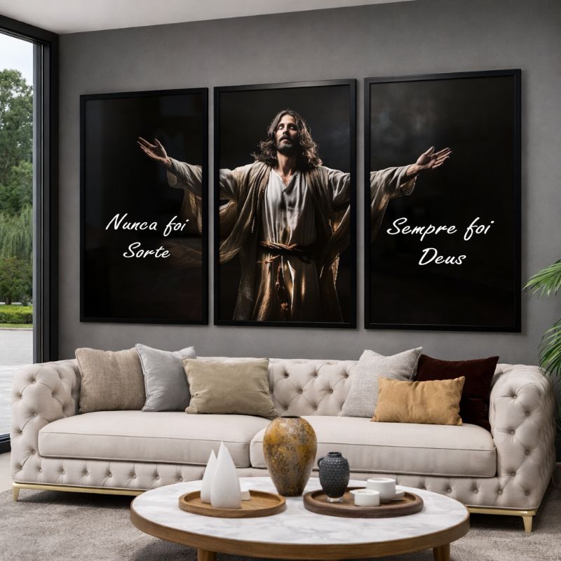Kit 3 Quadros Jesus Nunca Foi Sorte Sempre Foi Deus Decoração Religiosa