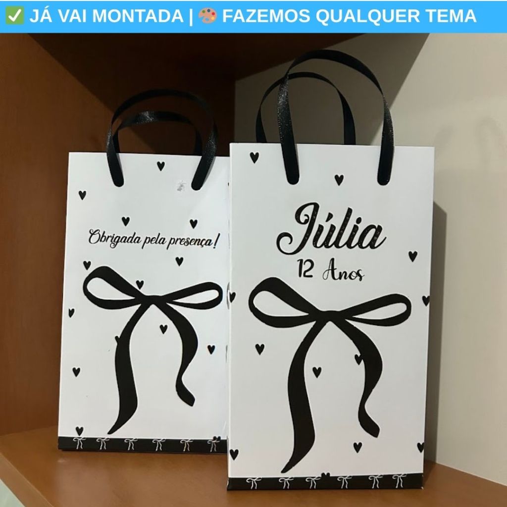 Sacolinha Surpresa Personalizada Laços Preto e Corações Festa Lembrancinha Aniversário 17x10x4 em Oferta na Shopee