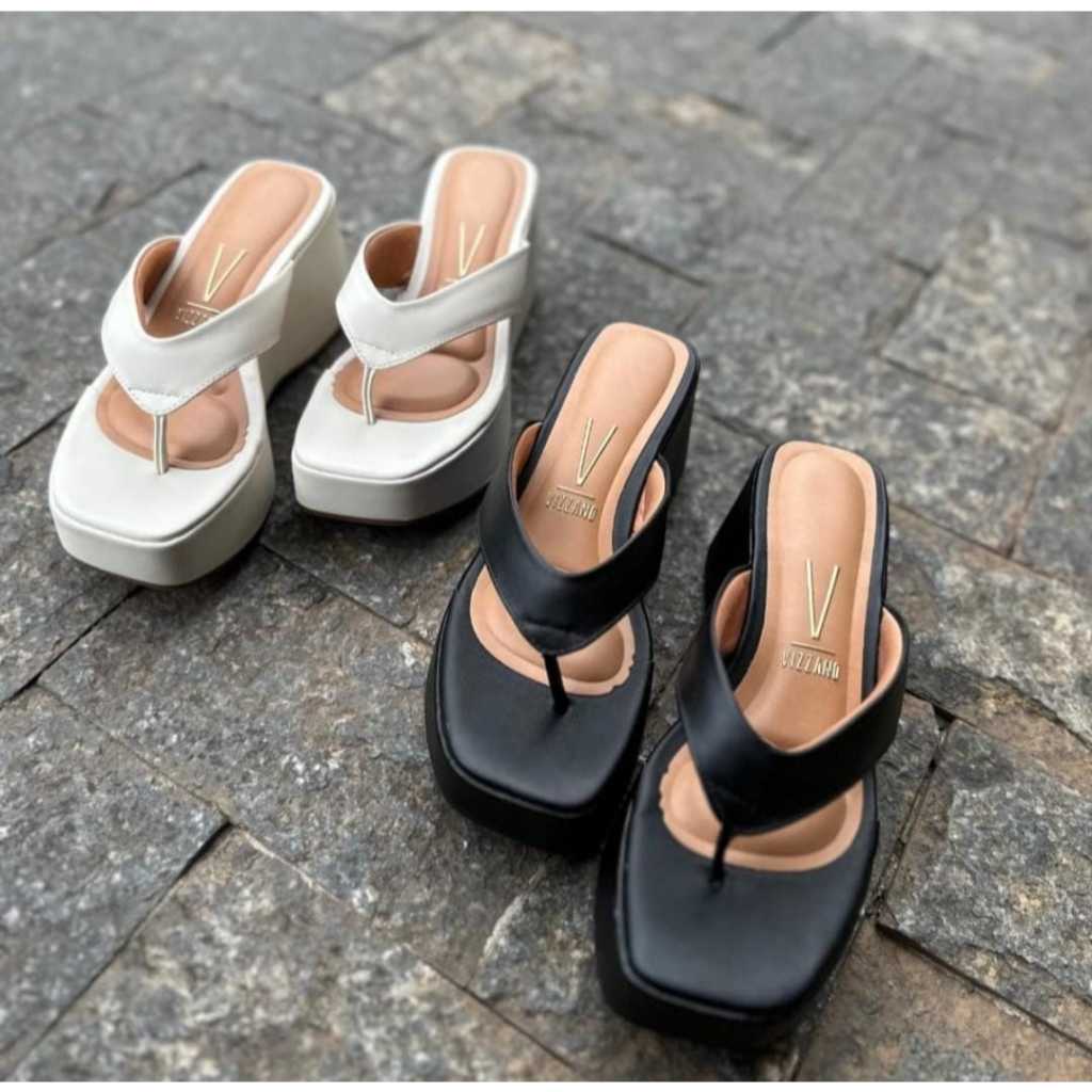 Vizzano Tamanco Feminina de Dedo Plataforma Alto Anabela Meia Pata Preto e Branco Elegante Confortável Macio 11565